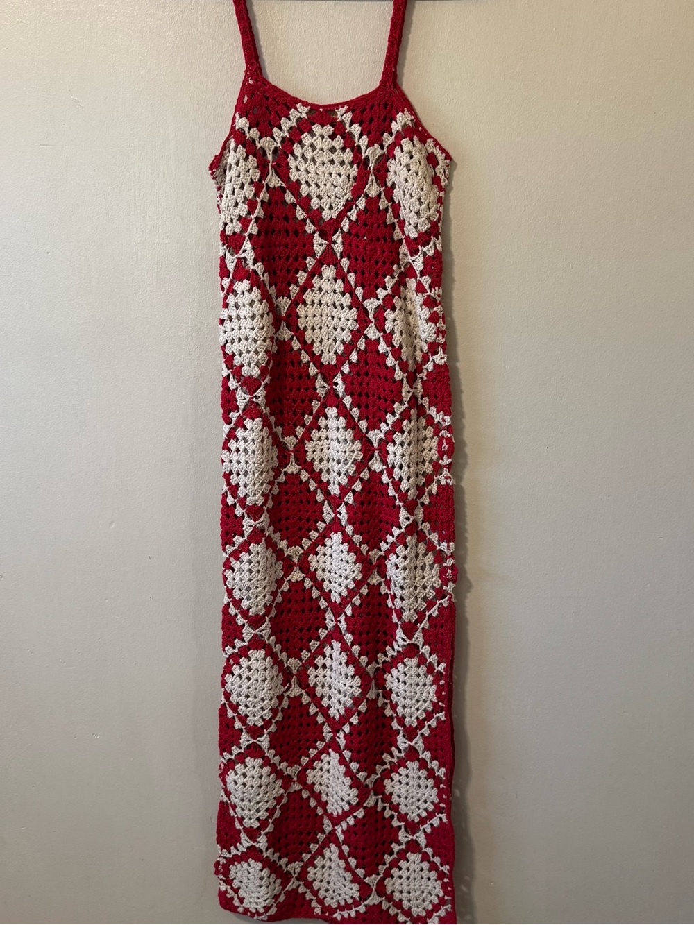 VRG Girl red and cream granny square crochet maxi dress